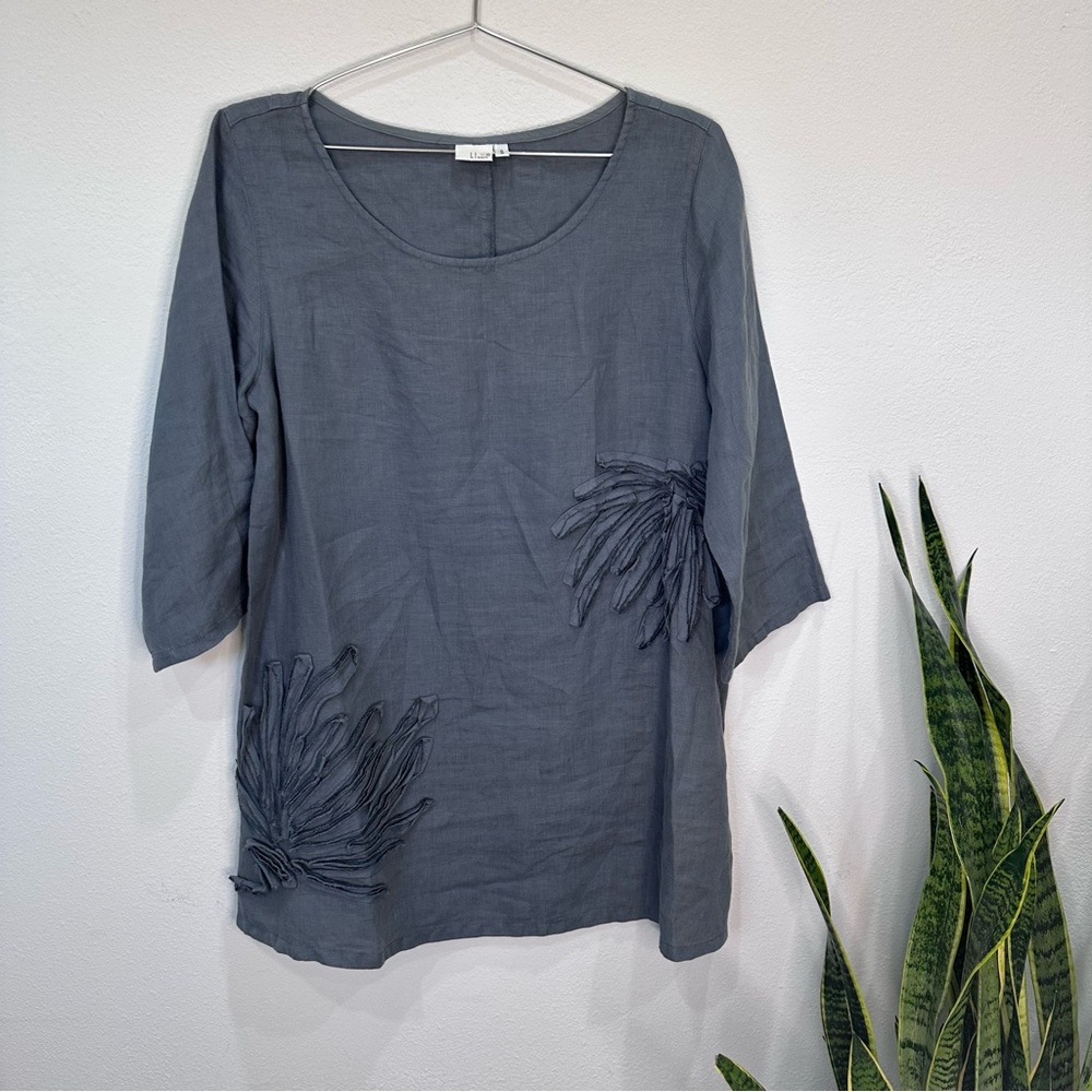 Kleen Linen Blend Tunic Garment Dyed Floral Appliqué